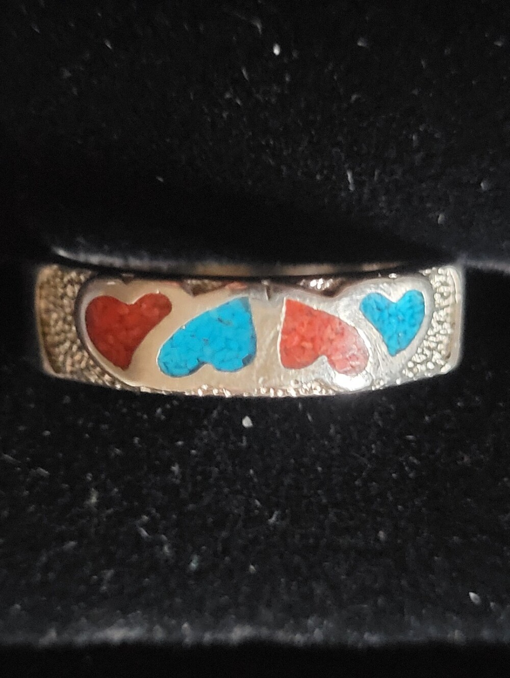 Vintage Mexican Sterling Silver 925 Turquoise Coral Inlay Heart Band Ring